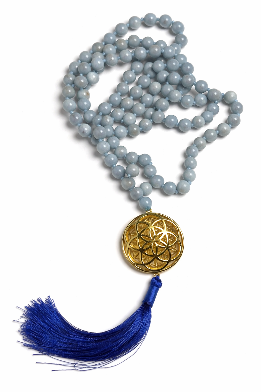 Sacred Geometry Jap Mala – Angelite | Flower of Life + Seed of Life (40”)