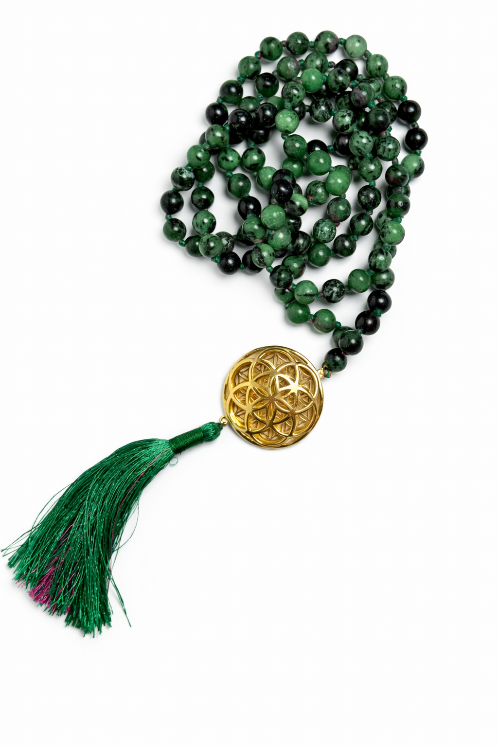 Sacred Geometry Jap Mala – Ruby Zoisite | Flower of Life + Seed of Life (40”)
