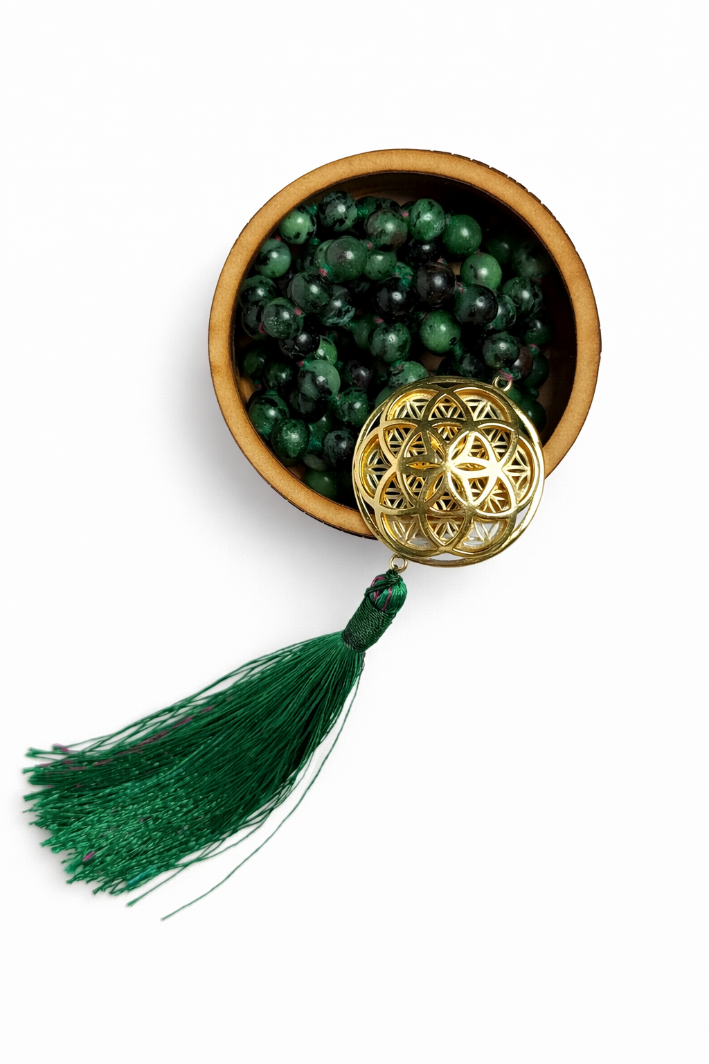 Sacred Geometry Jap Mala – Ruby Zoisite | Flower of Life + Seed of Life (40”)