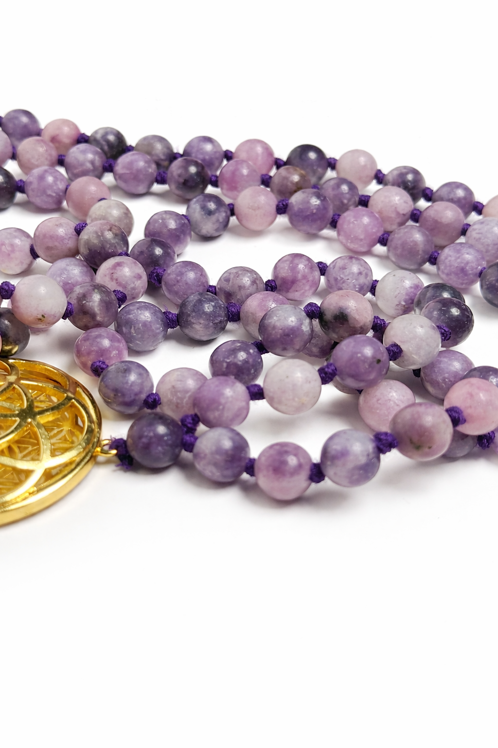 Sacred Geometry Jap Mala – Lepidolite | Flower of Life + Seed of Life (40”)