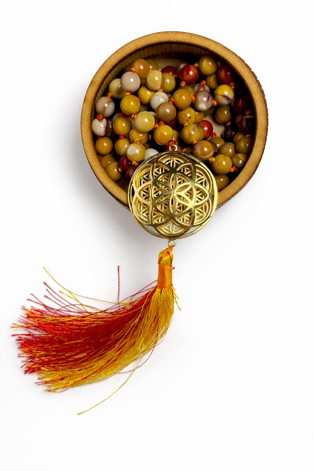 Sacred Geometry Jap Mala – Mookaite Jasper | Flower of Life + Seed of Life (40”)