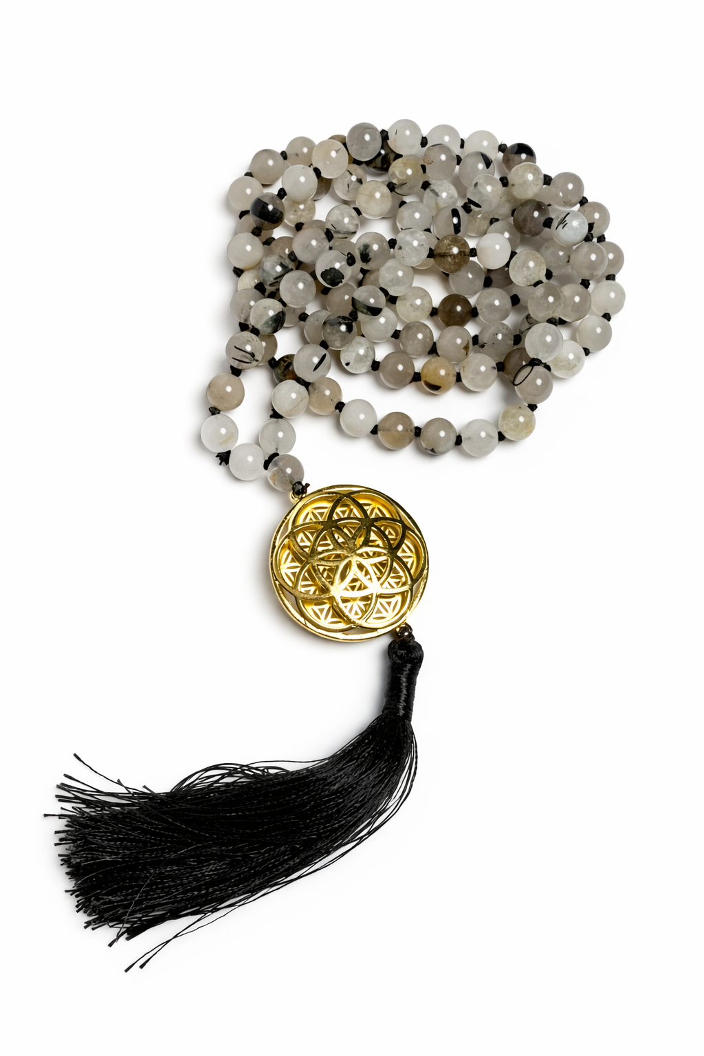 Sacred Geometry Jap Mala – Black Rutile | Flower of Life + Seed of Life (40”)
