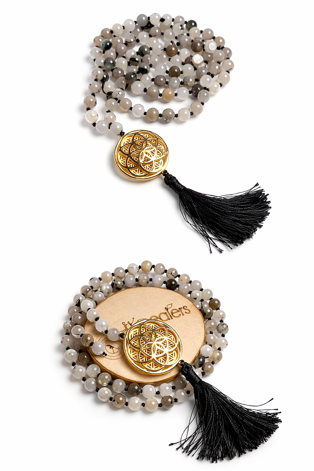 Sacred Geometry Jap Mala – Black Rutile | Flower of Life + Seed of Life (40”)