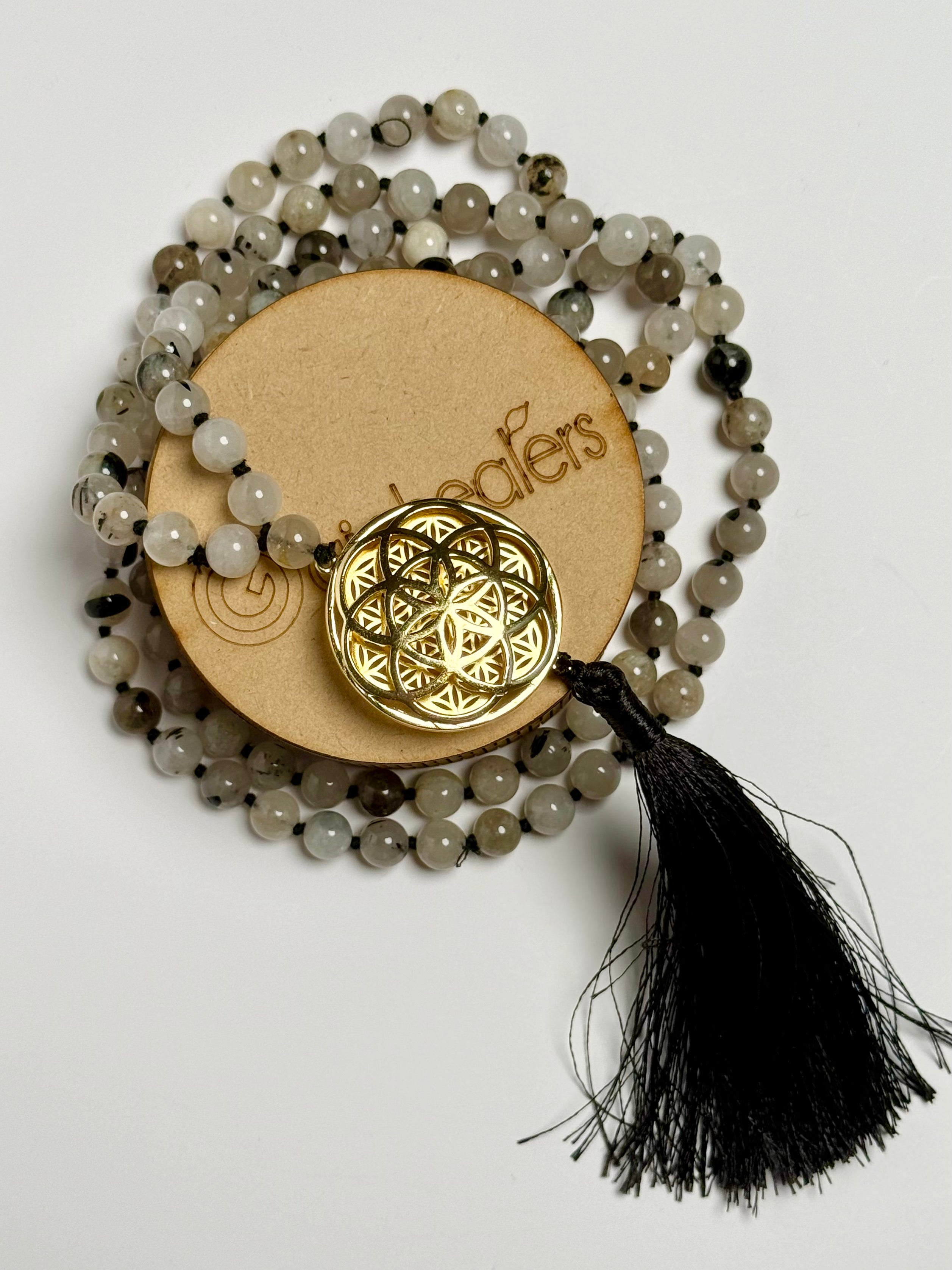 Sacred Geometry Jap Mala – Black Rutile | Flower of Life + Seed of Life (40”)
