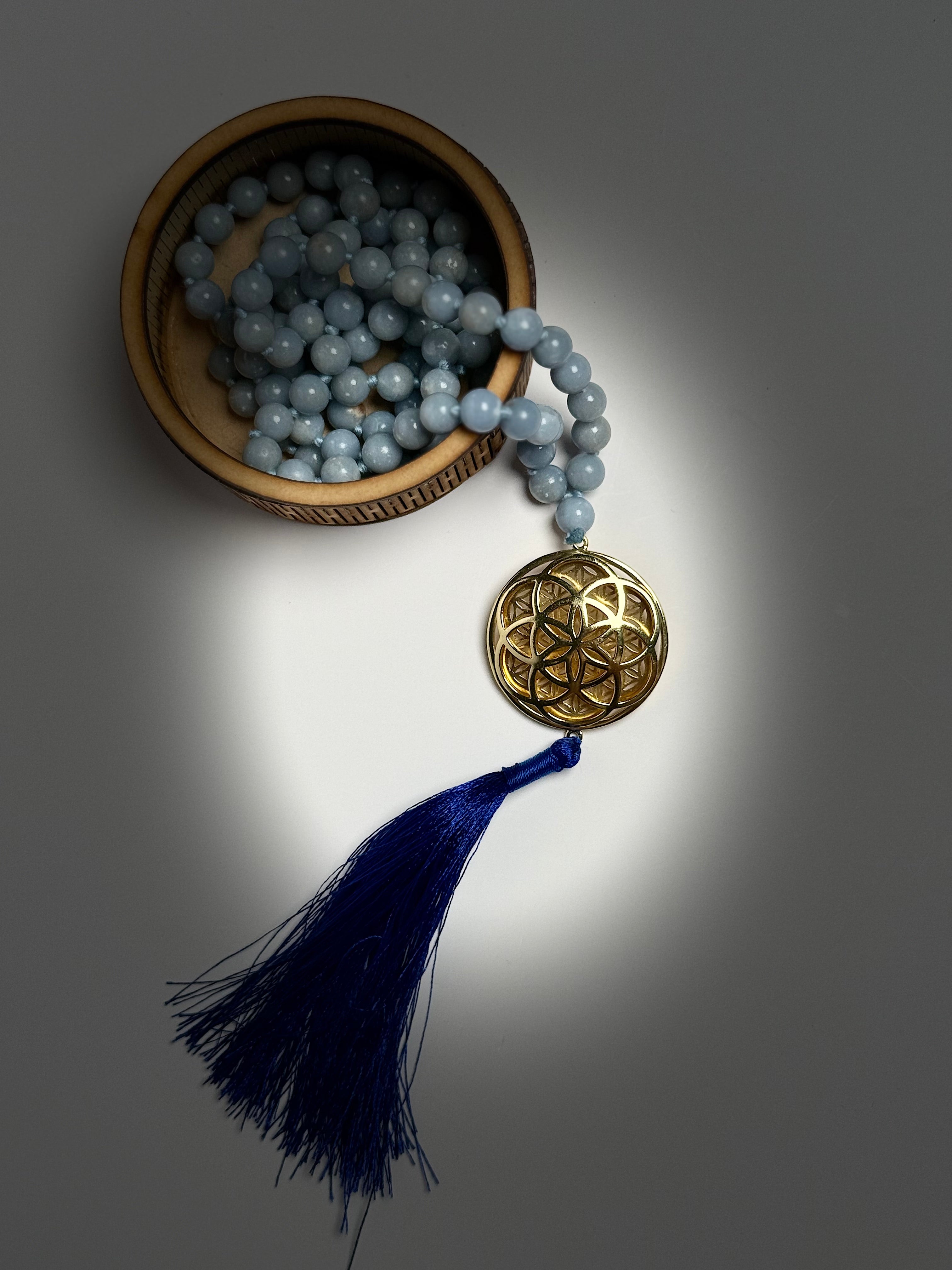 Sacred Geometry Jap Mala – Angelite | Flower of Life + Seed of Life (40”)