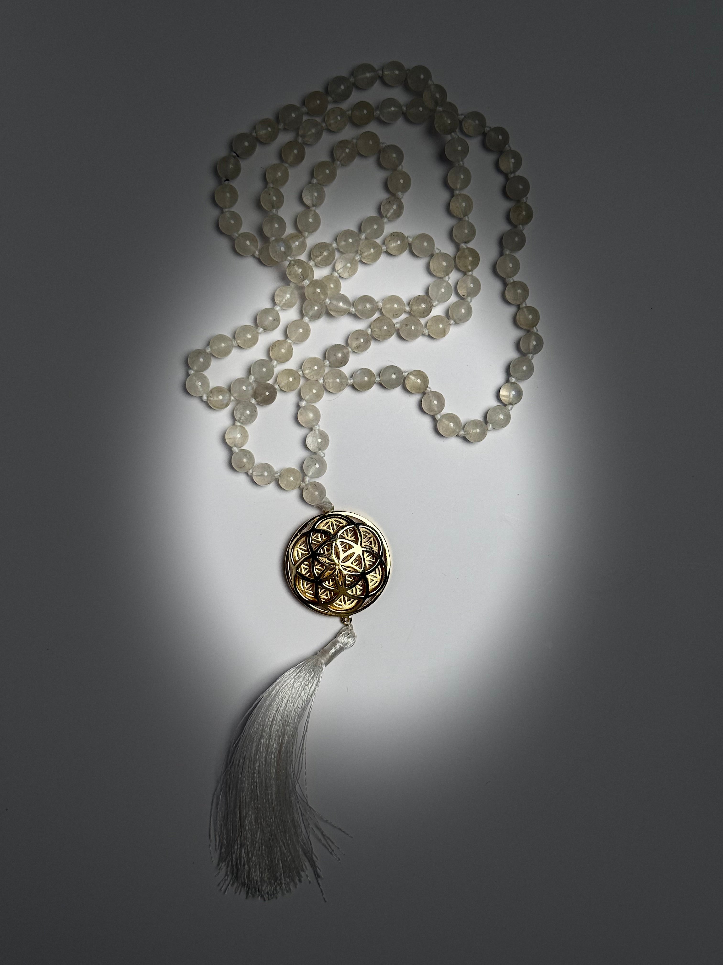 Sacred Geometry Jap Mala – Rainbow Moonstone | Flower of Life + Seed of Life (40”)