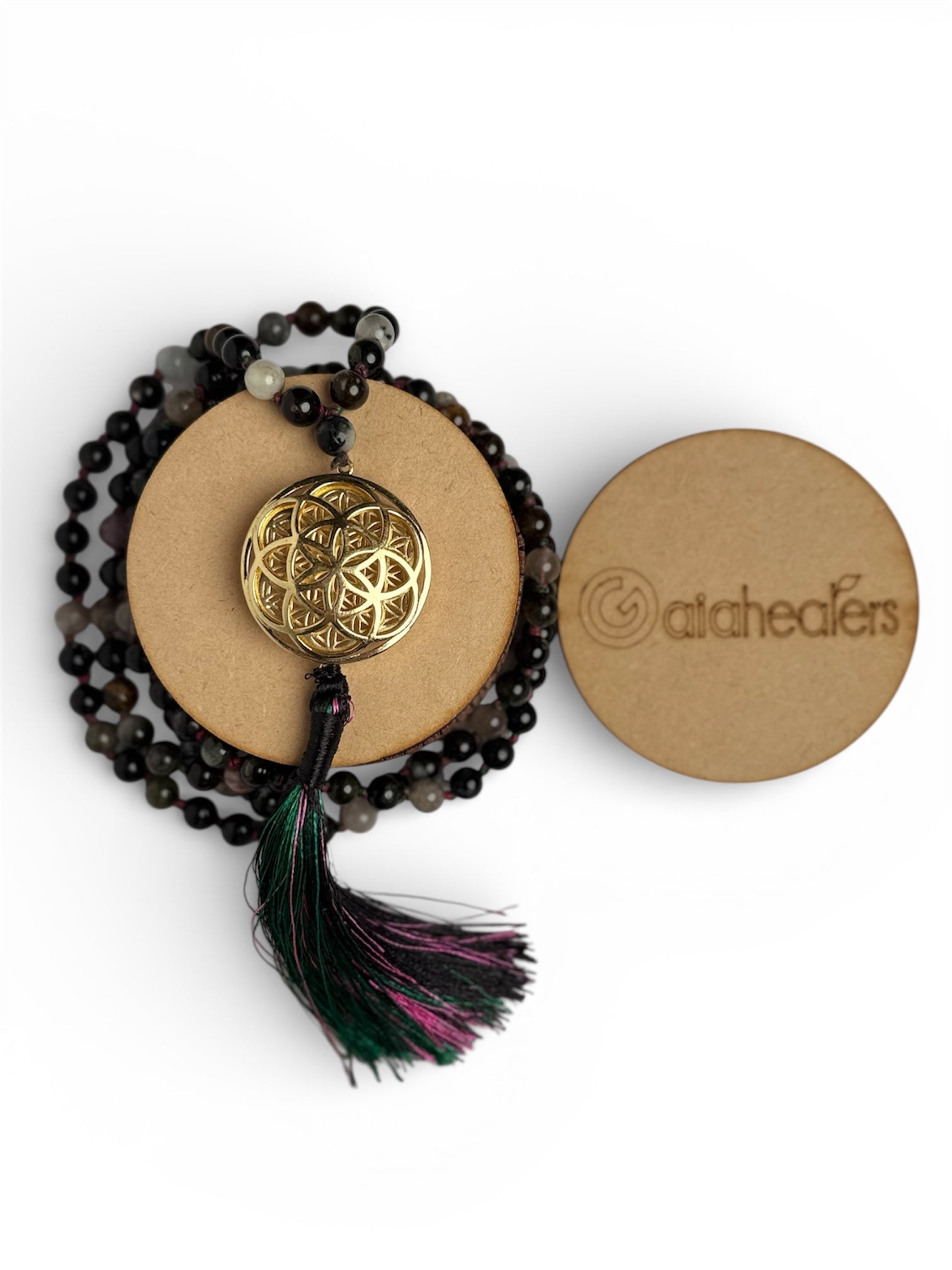 Sacred Geometry Jap Mala – Tourmaline | Flower of Life + Seed of Life (40”)