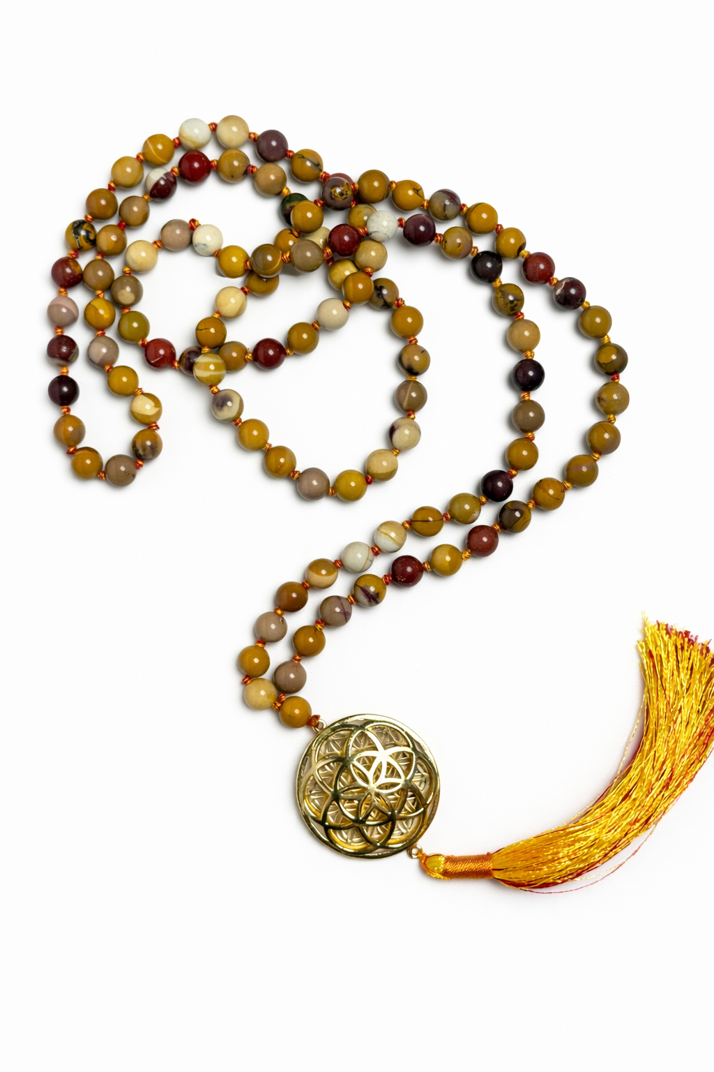 Sacred Geometry Jap Mala – Mookaite Jasper | Flower of Life + Seed of Life (40”)