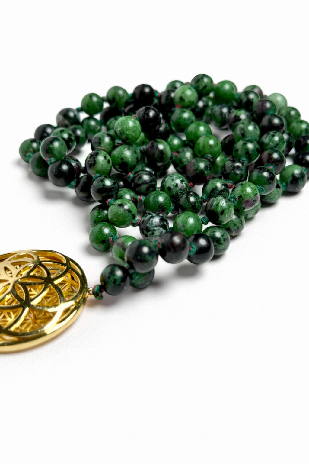 Sacred Geometry Jap Mala – Ruby Zoisite | Flower of Life + Seed of Life (40”)
