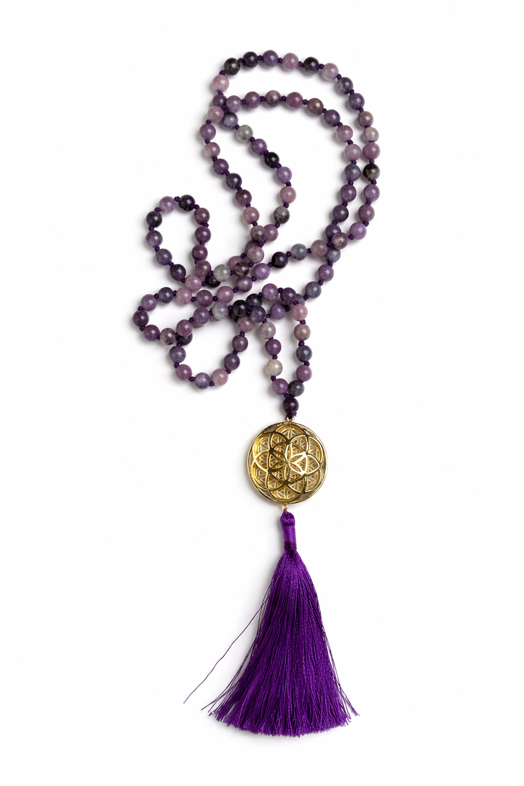 Sacred Geometry Jap Mala – Lepidolite | Flower of Life + Seed of Life (40”)
