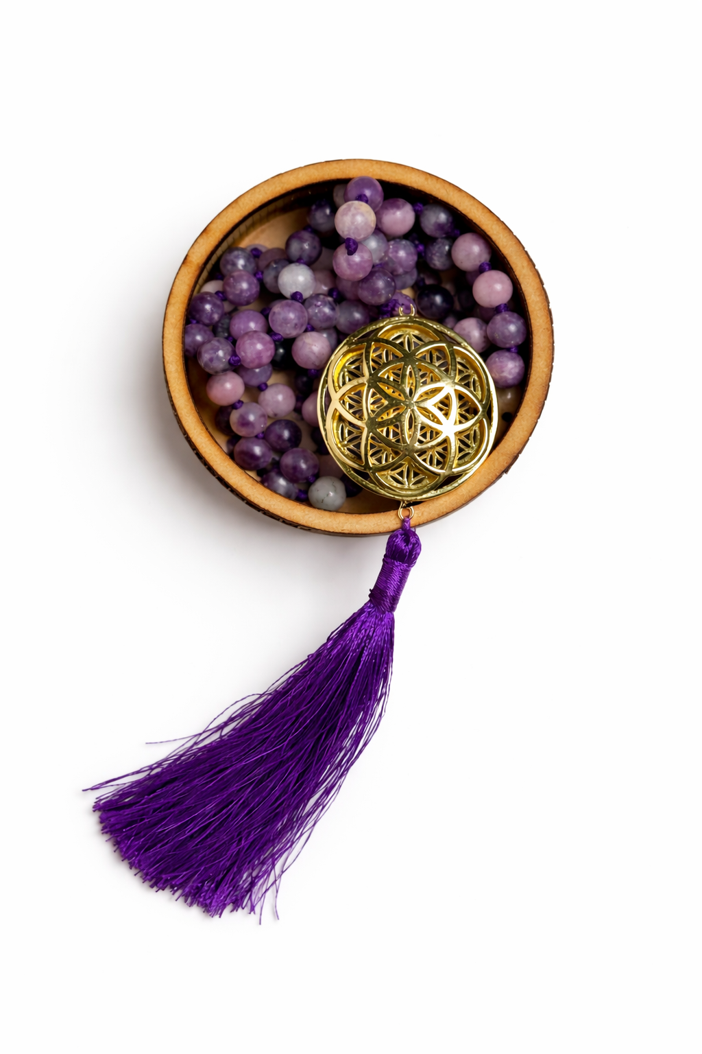 Sacred Geometry Jap Mala – Lepidolite | Flower of Life + Seed of Life (40”)