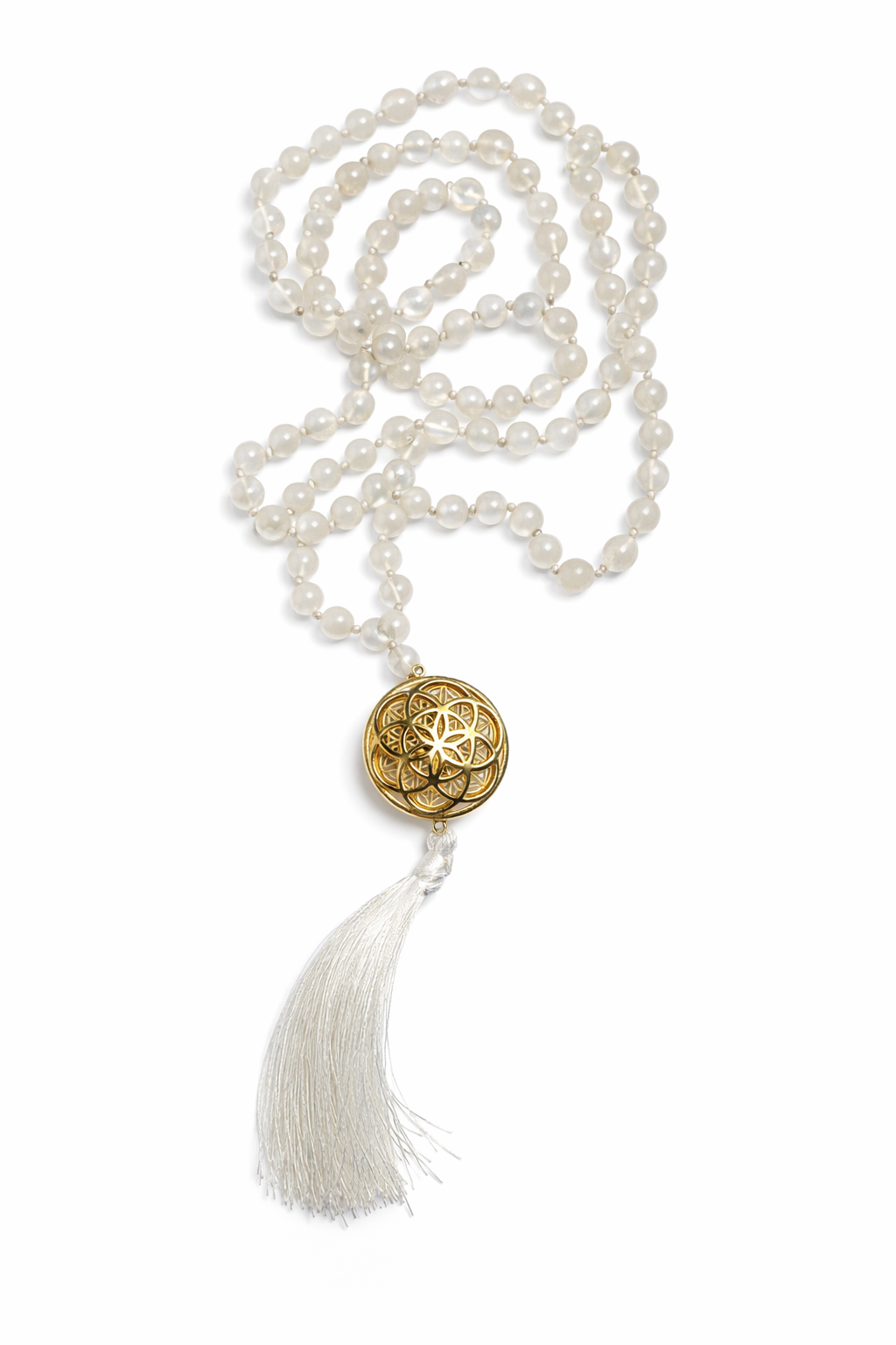 Sacred Geometry Jap Mala – Rainbow Moonstone | Flower of Life + Seed of Life (40”)