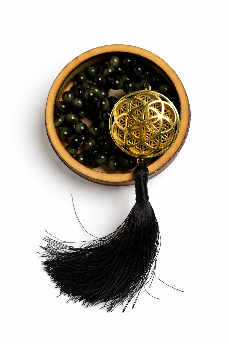 Sacred Geometry Jap Mala – Cat’s Eye | Flower of Life + Seed of Life (40”)