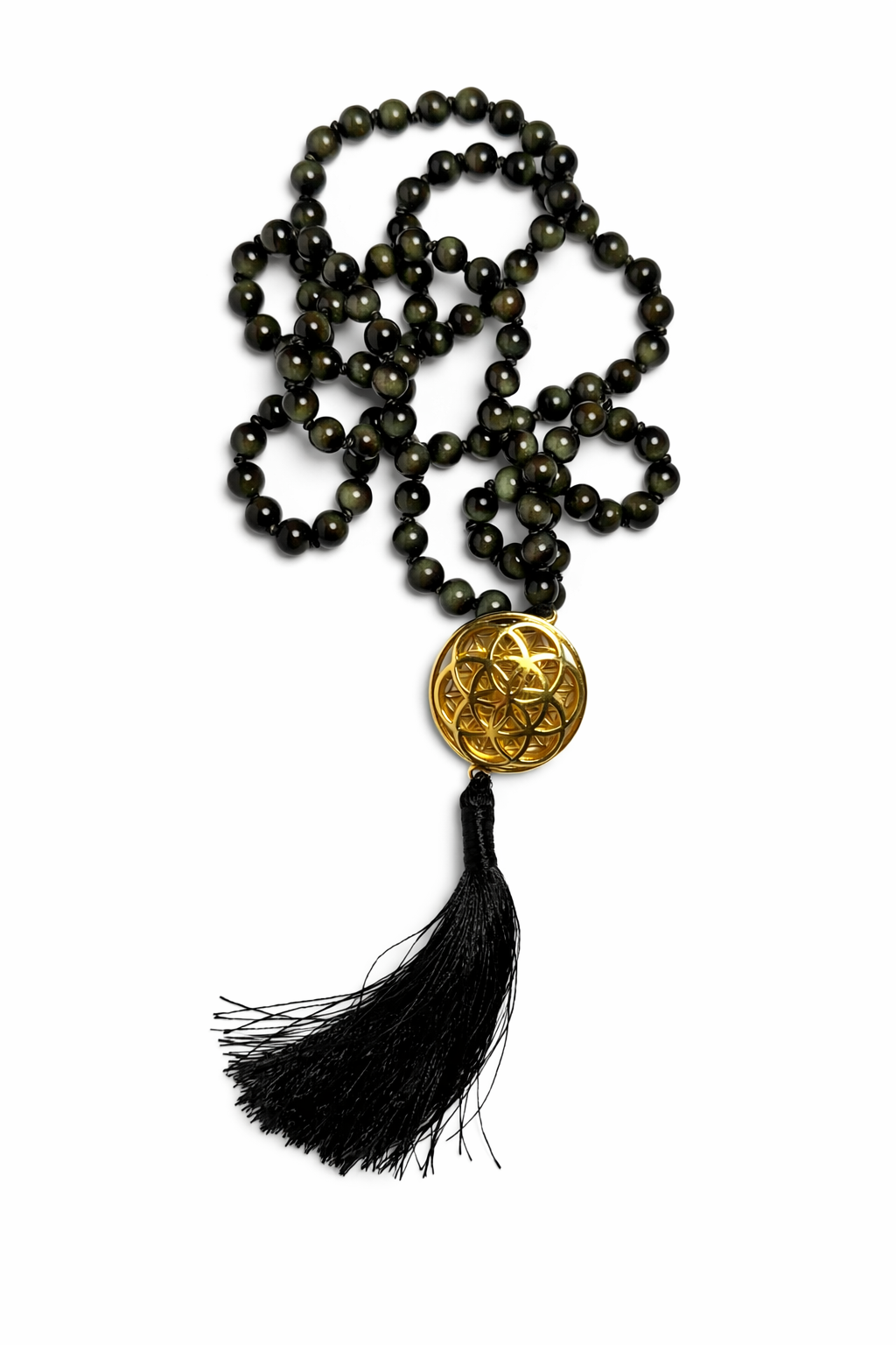 Sacred Geometry Jap Mala – Cat’s Eye | Flower of Life + Seed of Life (40”)