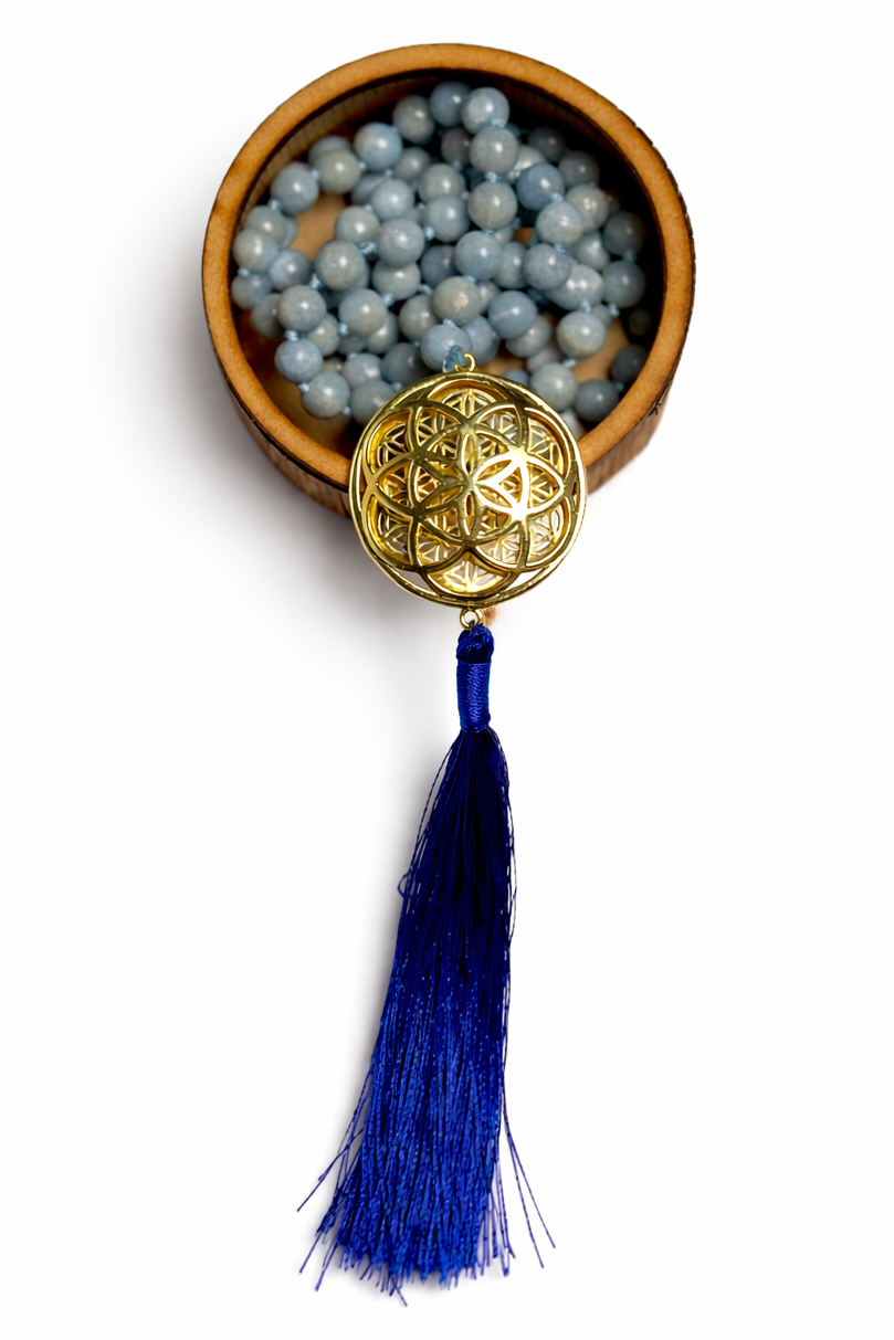 Sacred Geometry Jap Mala – Angelite | Flower of Life + Seed of Life (40”)