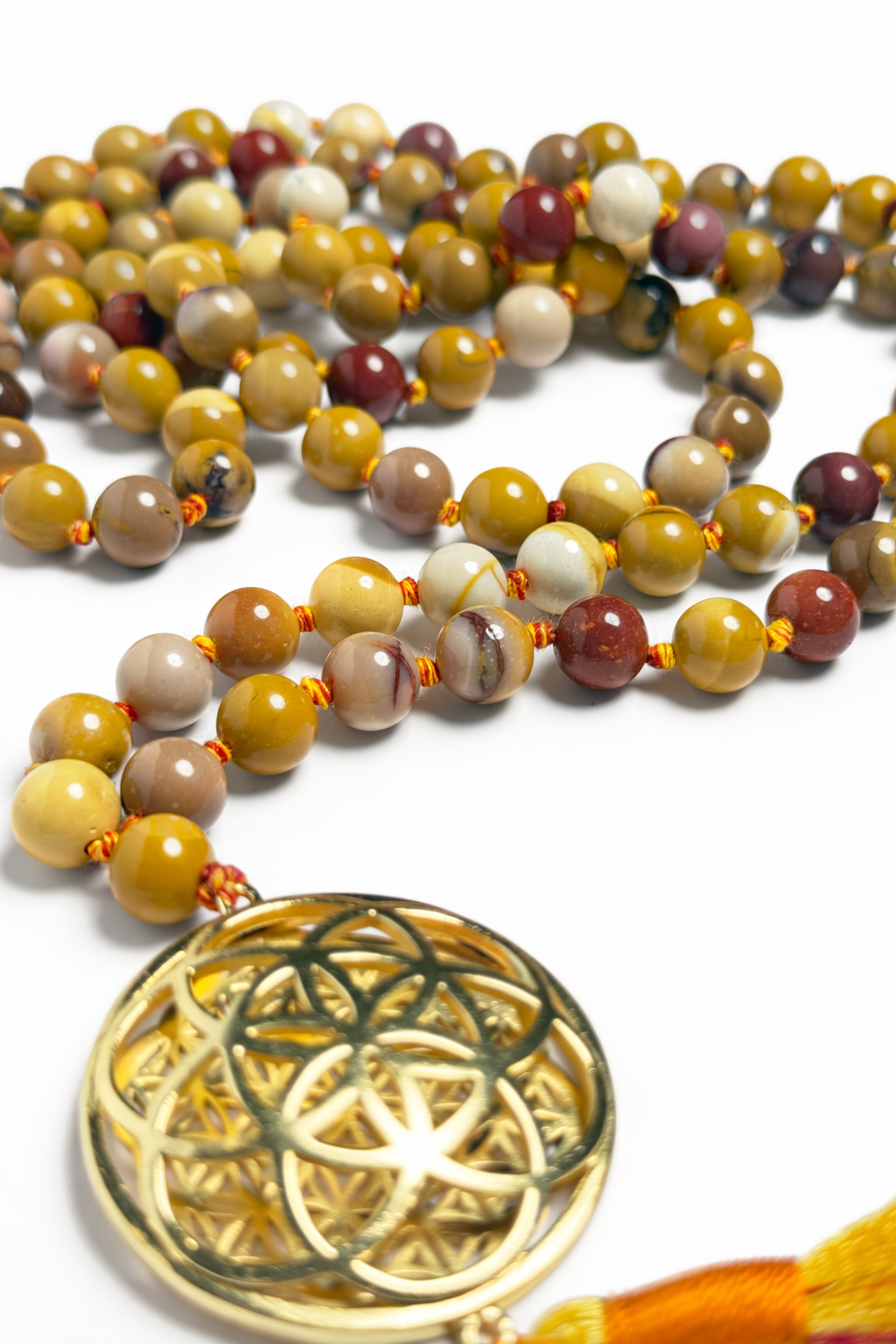 Sacred Geometry Jap Mala – Mookaite Jasper | Flower of Life + Seed of Life (40”)