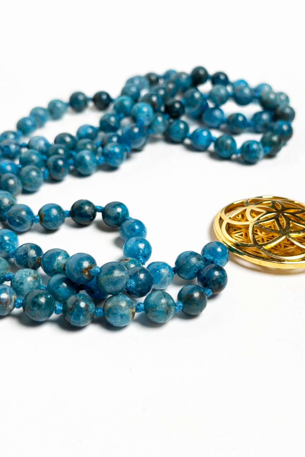 Sacred Geometry Jap Mala – Blue Apatite | Flower of Life + Seed of Life (40”)