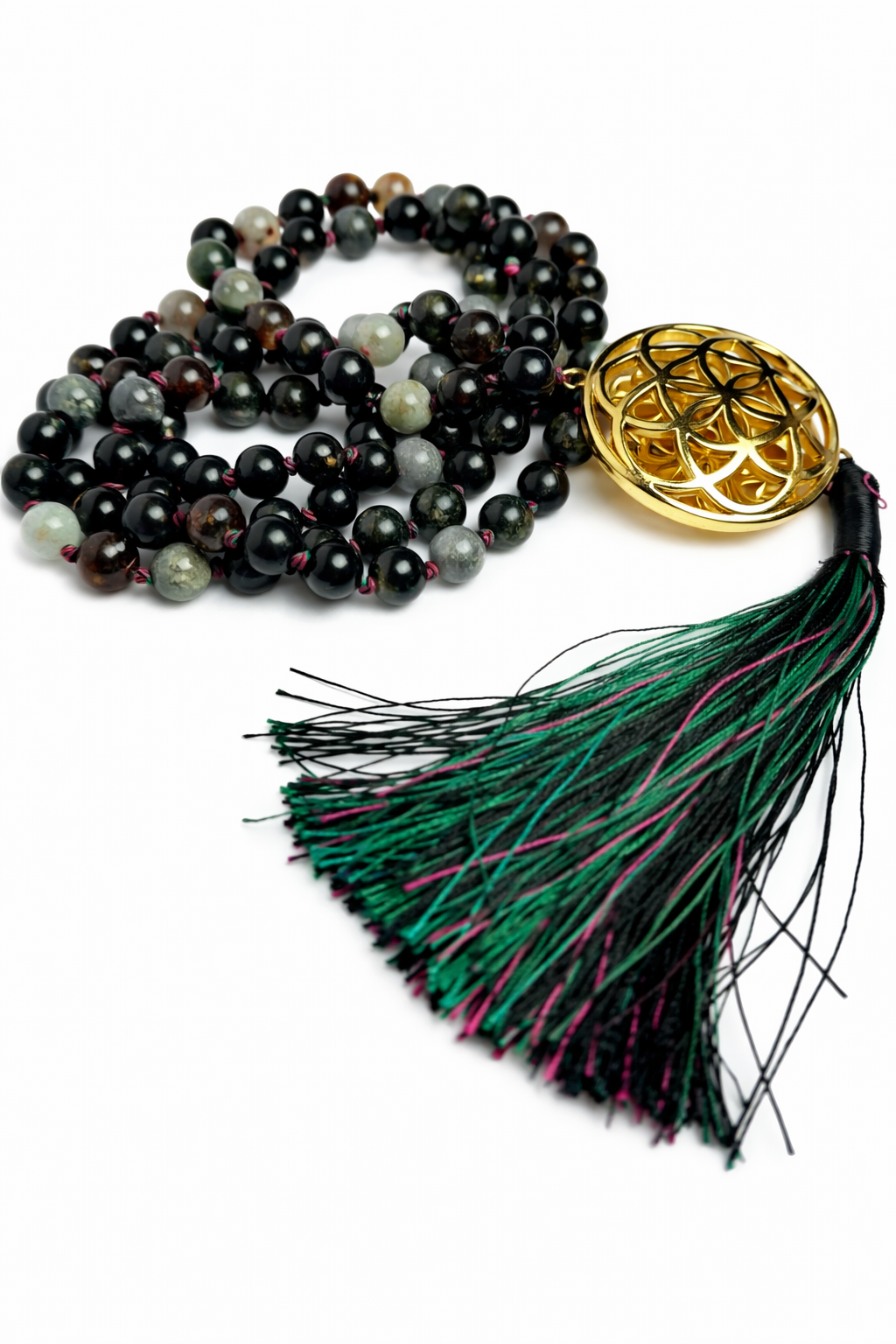 Sacred Geometry Jap Mala – Tourmaline | Flower of Life + Seed of Life (40”)