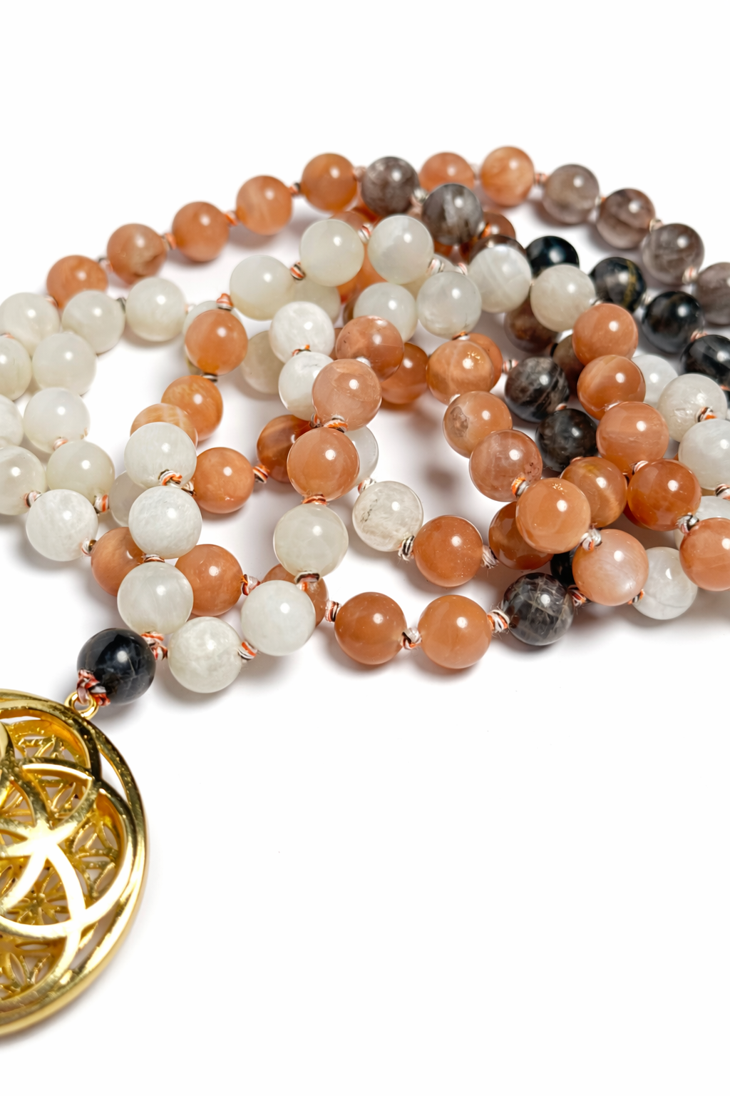 Sacred Geometry Jap Mala – Multi Moonstone | Flower of Life + Seed of Life (40”)