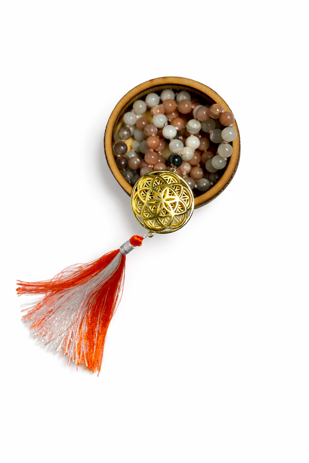 Sacred Geometry Jap Mala – Multi Moonstone | Flower of Life + Seed of Life (40”)