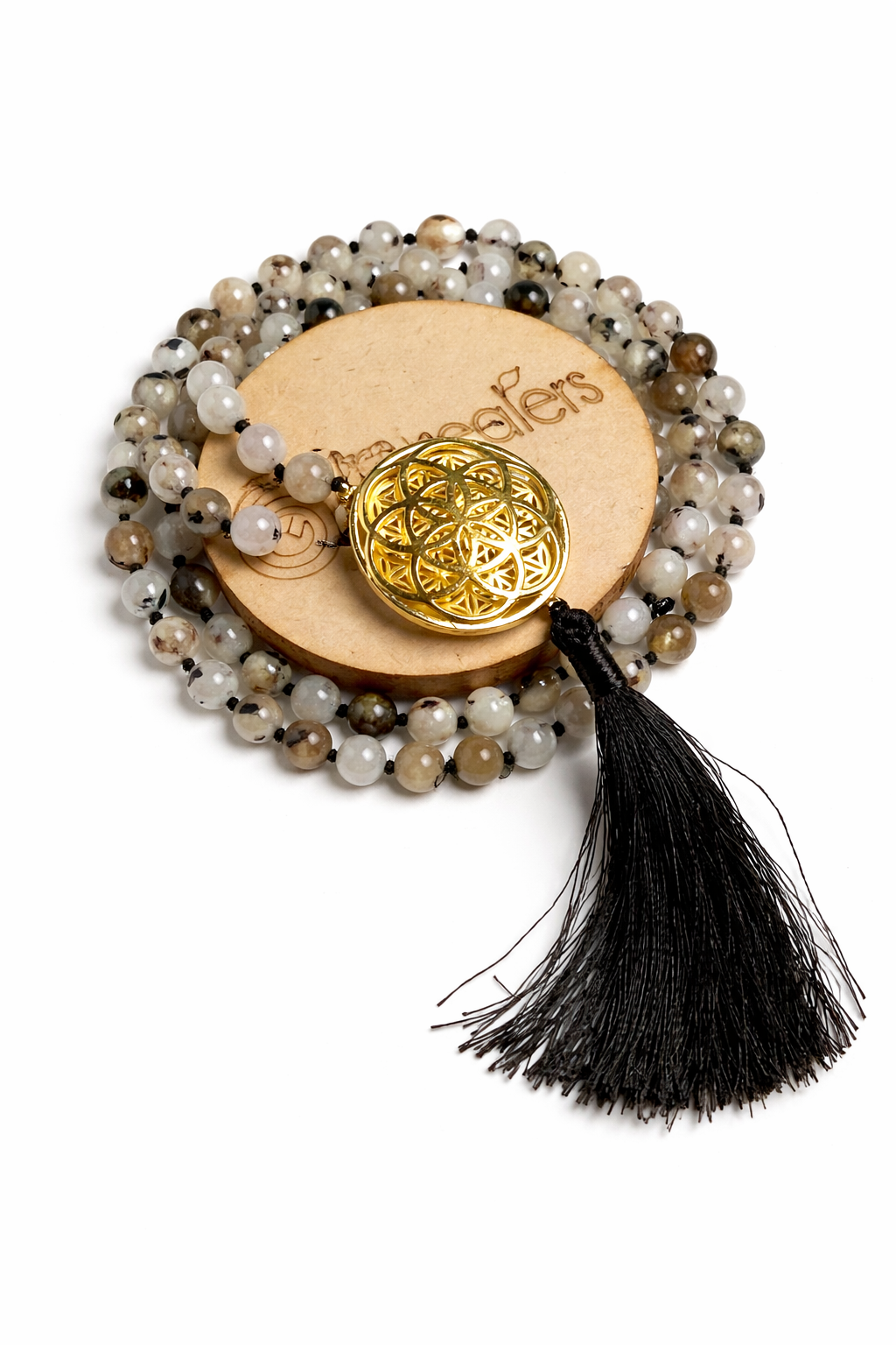 Sacred Geometry Jap Mala – Black Rutile | Flower of Life + Seed of Life (40”)