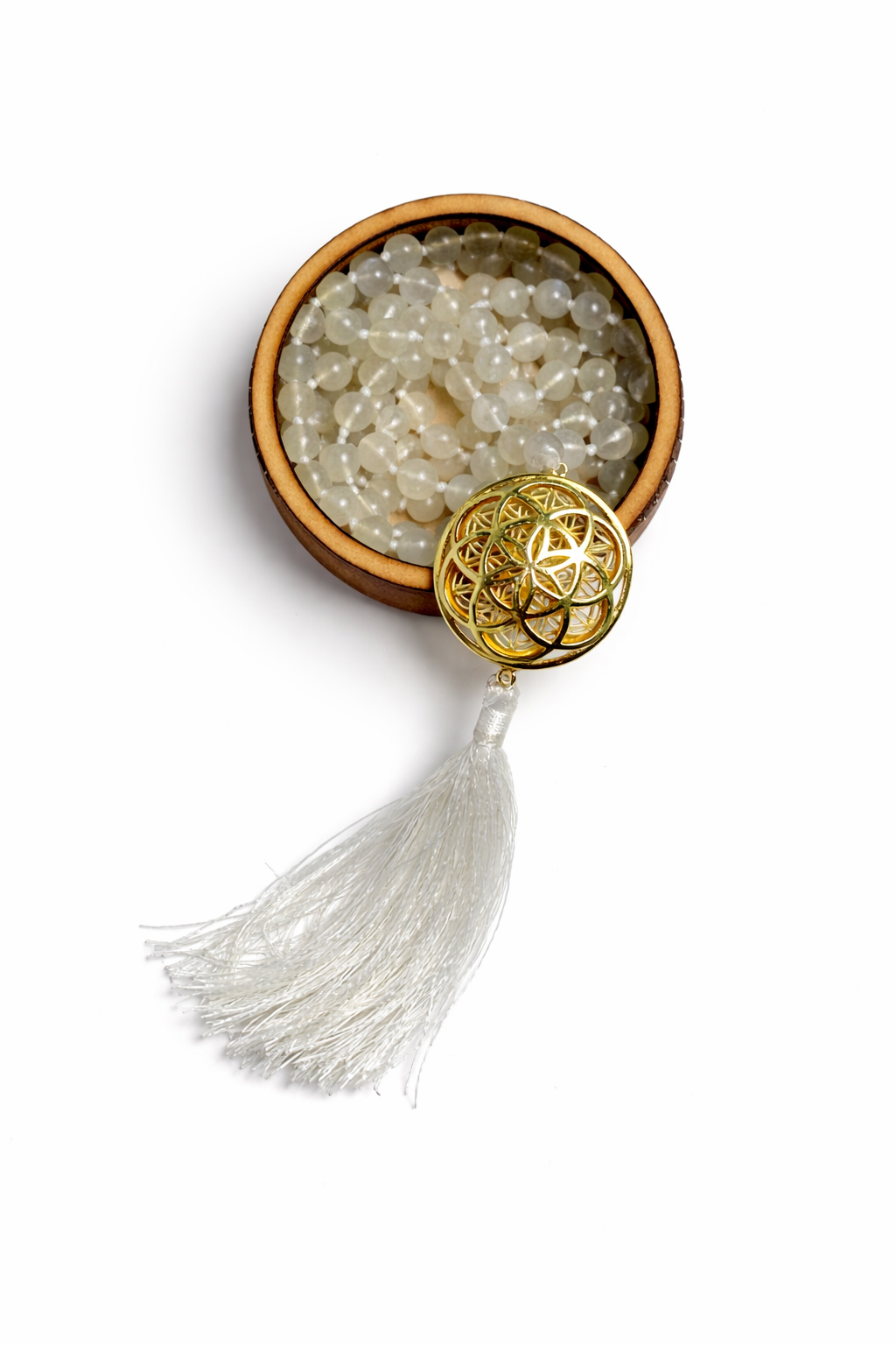 Sacred Geometry Jap Mala – Rainbow Moonstone | Flower of Life + Seed of Life (40”)