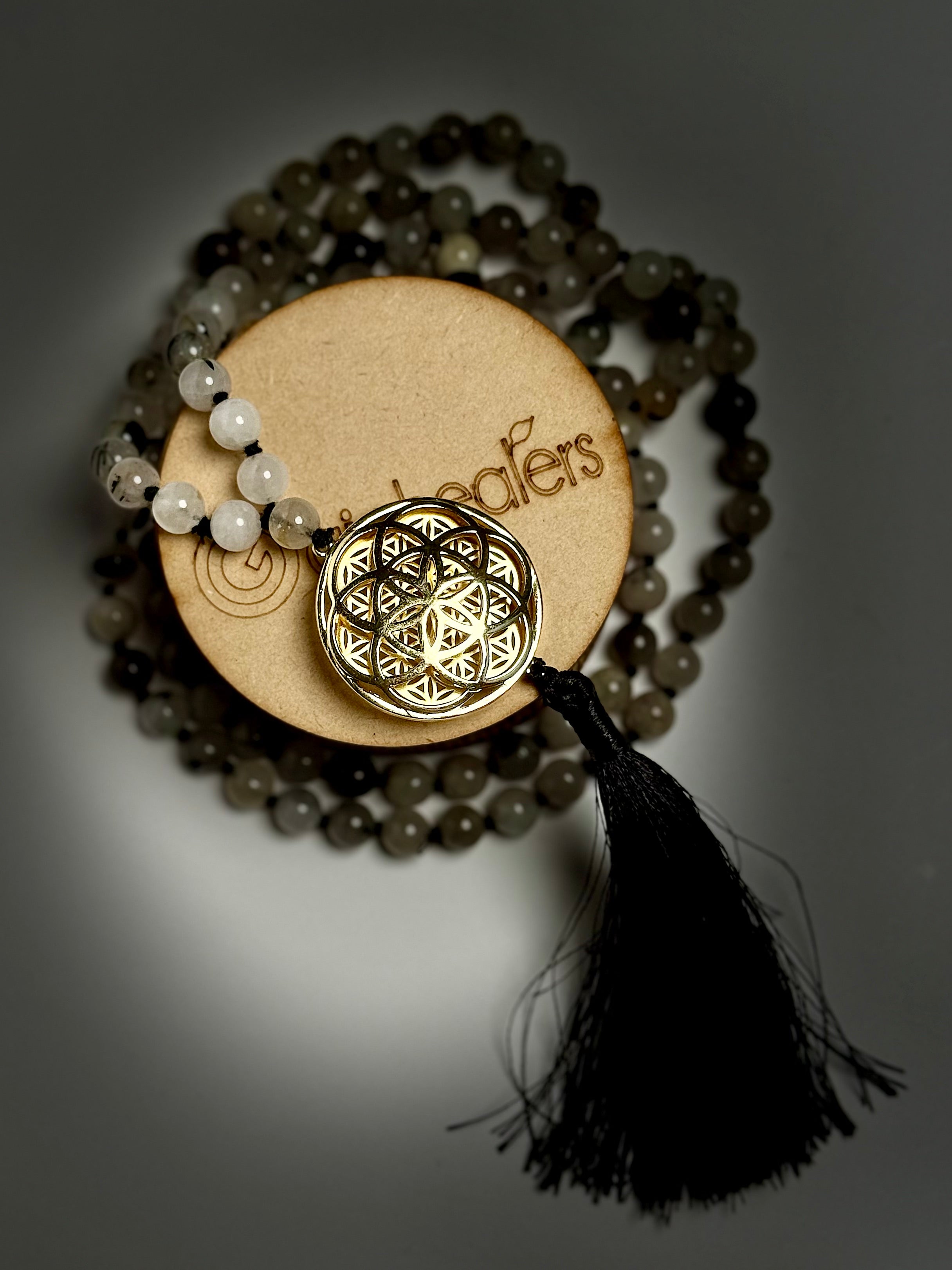 Sacred Geometry Jap Mala – Black Rutile | Flower of Life + Seed of Life (40”)