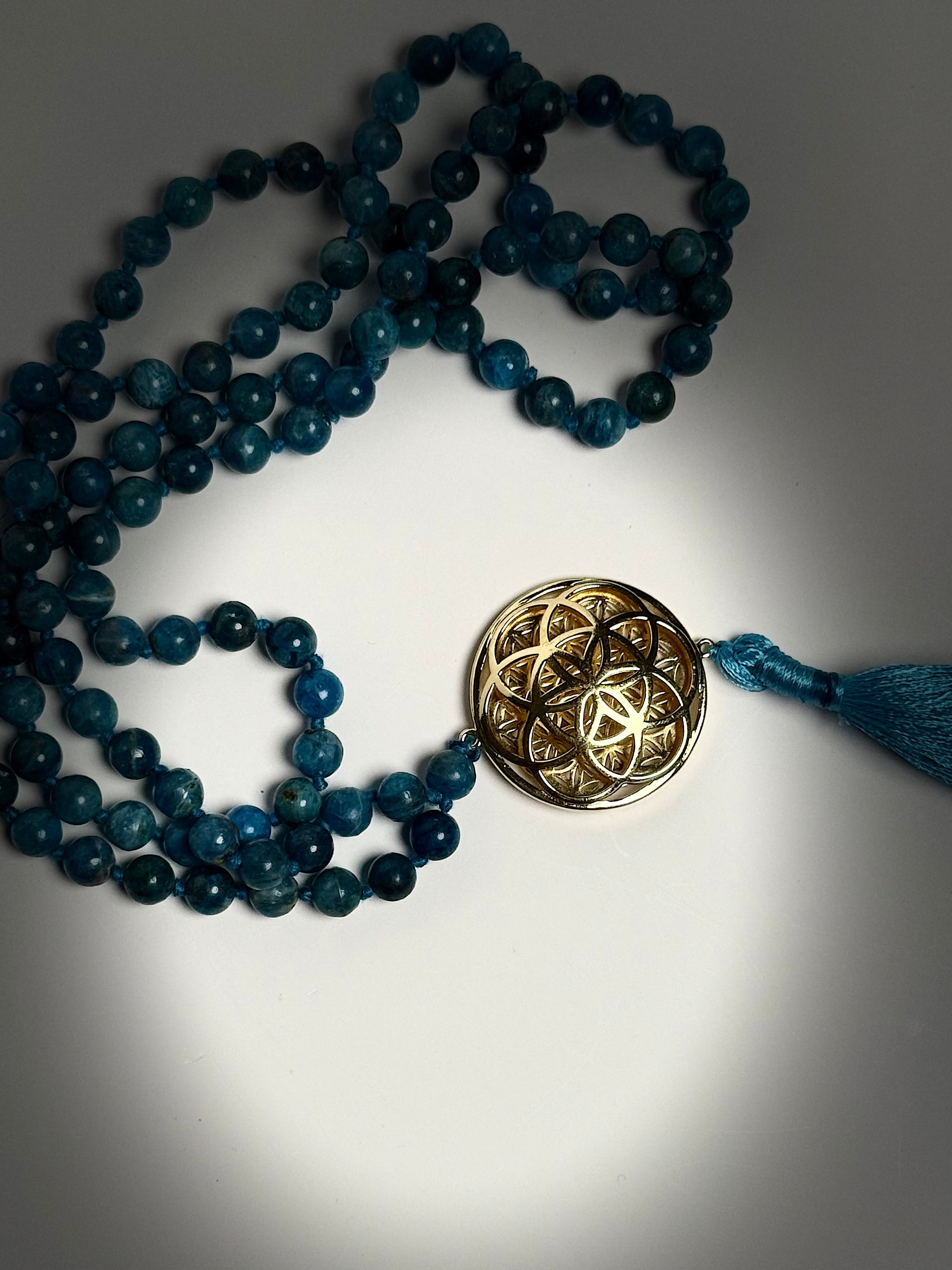 Sacred Geometry Jap Mala – Blue Apatite | Flower of Life + Seed of Life (40”)