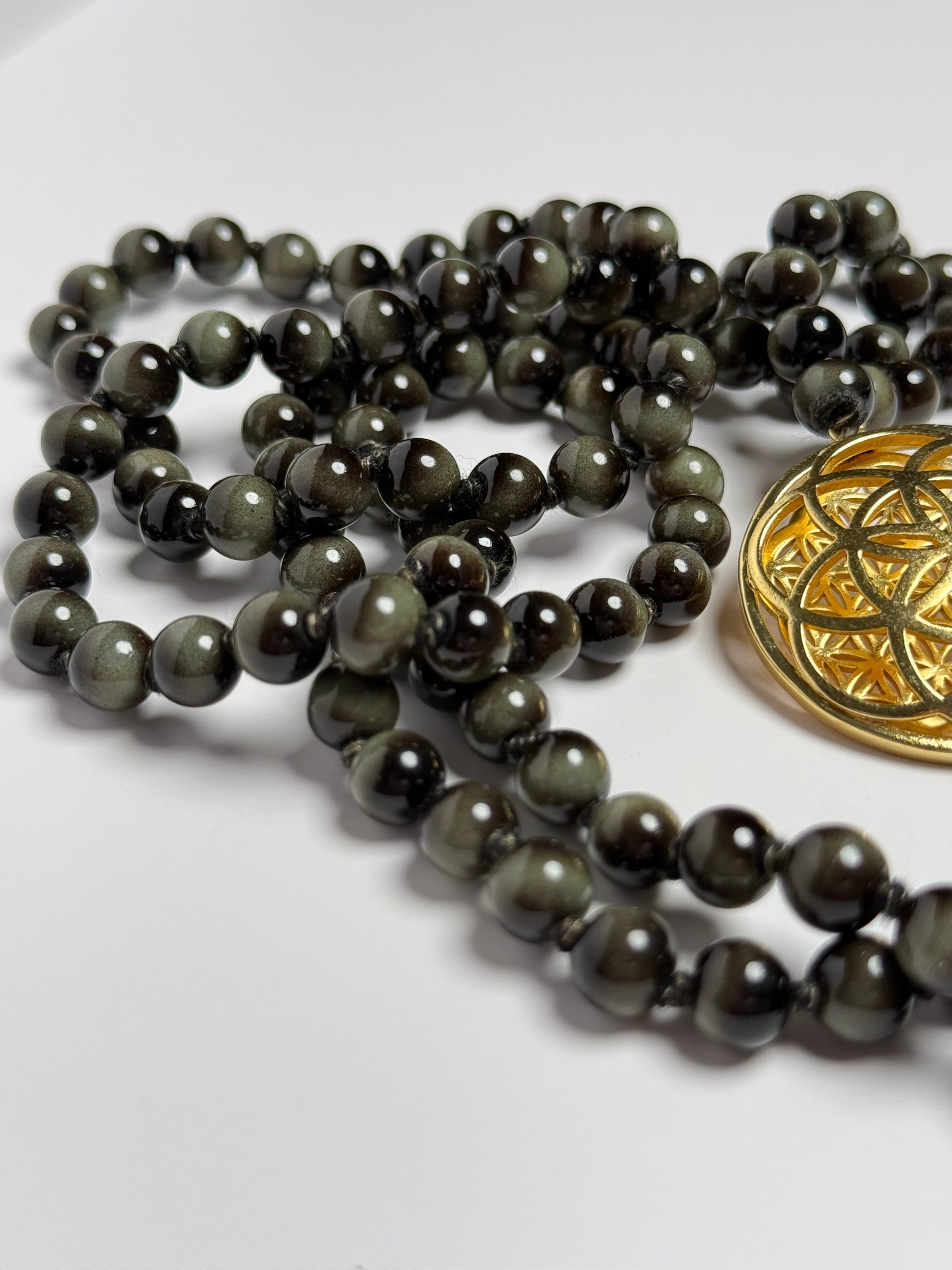 Sacred Geometry Jap Mala – Cat’s Eye | Flower of Life + Seed of Life (40”)