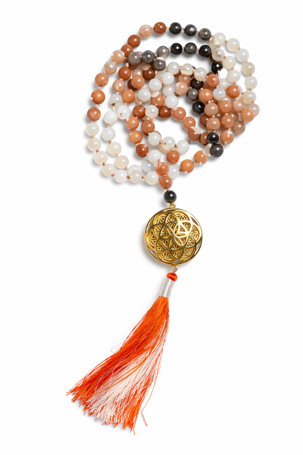 Sacred Geometry Jap Mala – Multi Moonstone | Flower of Life + Seed of Life (40”)