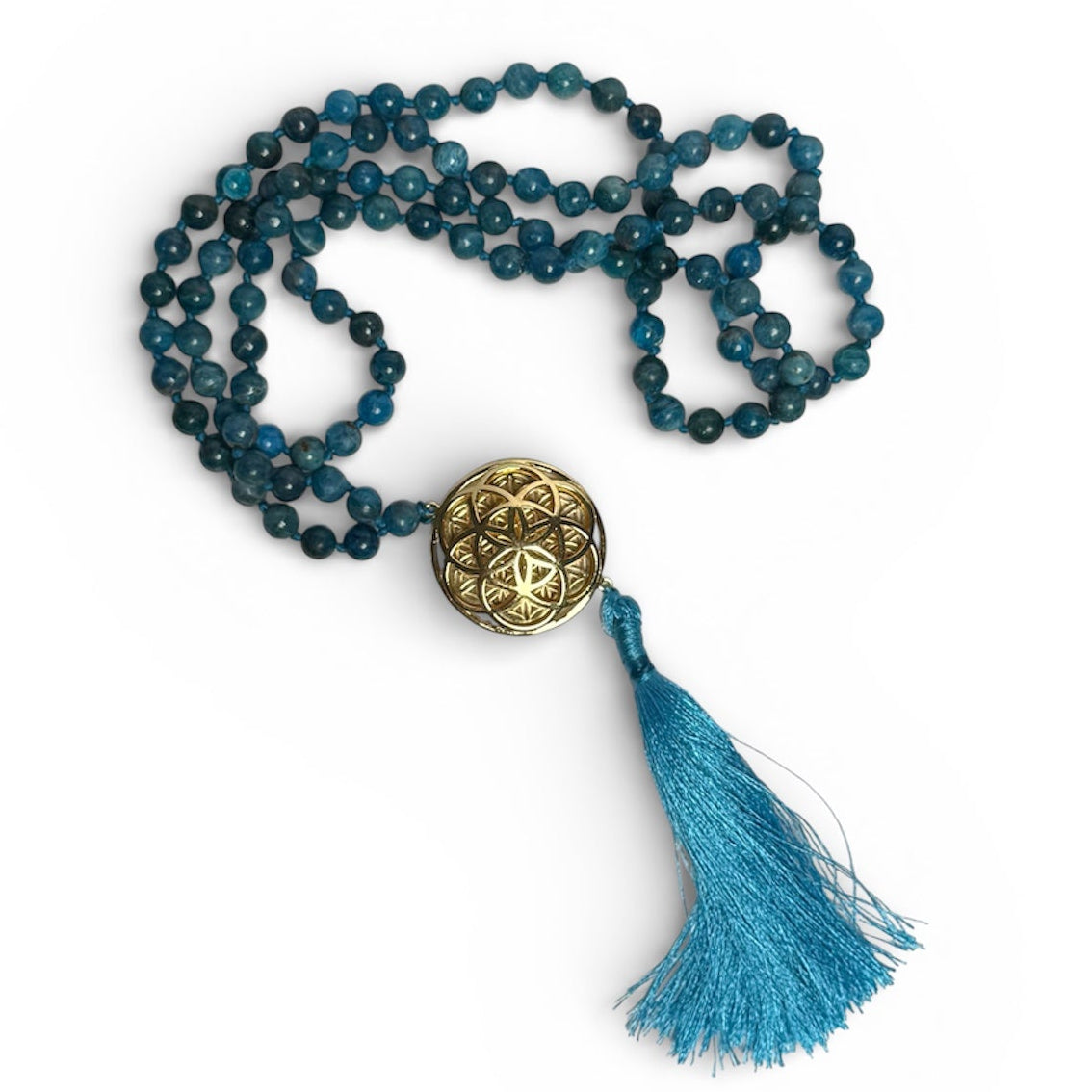 Sacred Geometry Jap Mala – Blue Apatite | Flower of Life + Seed of Life (40”)